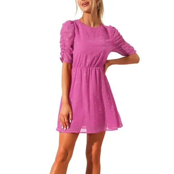 Allegra K Pink and Gold Stars Dress Size Medium | Princess Ruched Sleeves Barbie - Picture 2 of 14